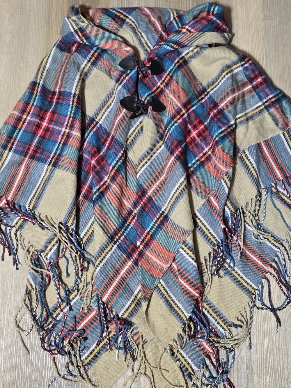 Cato Plaid Hooded Fringe Poncho in Beige, Blue & Red